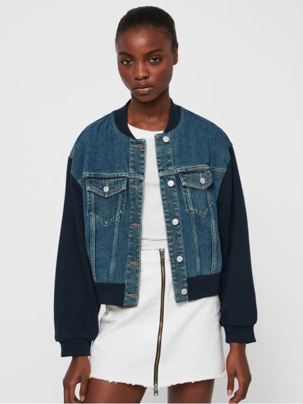 All Saints Tank Denim Bomber Jacket Blue Contrast Sleeves Cropped XS/S